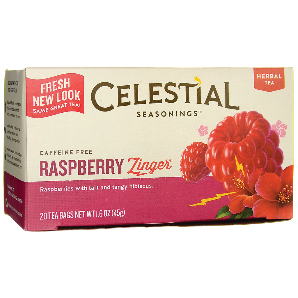 CEL013 | Front of Celestial Seasonings Raspberry Zinger herbal tea box showing raspberries, hibiscus, and Fresh New Look banner - Thumbnail