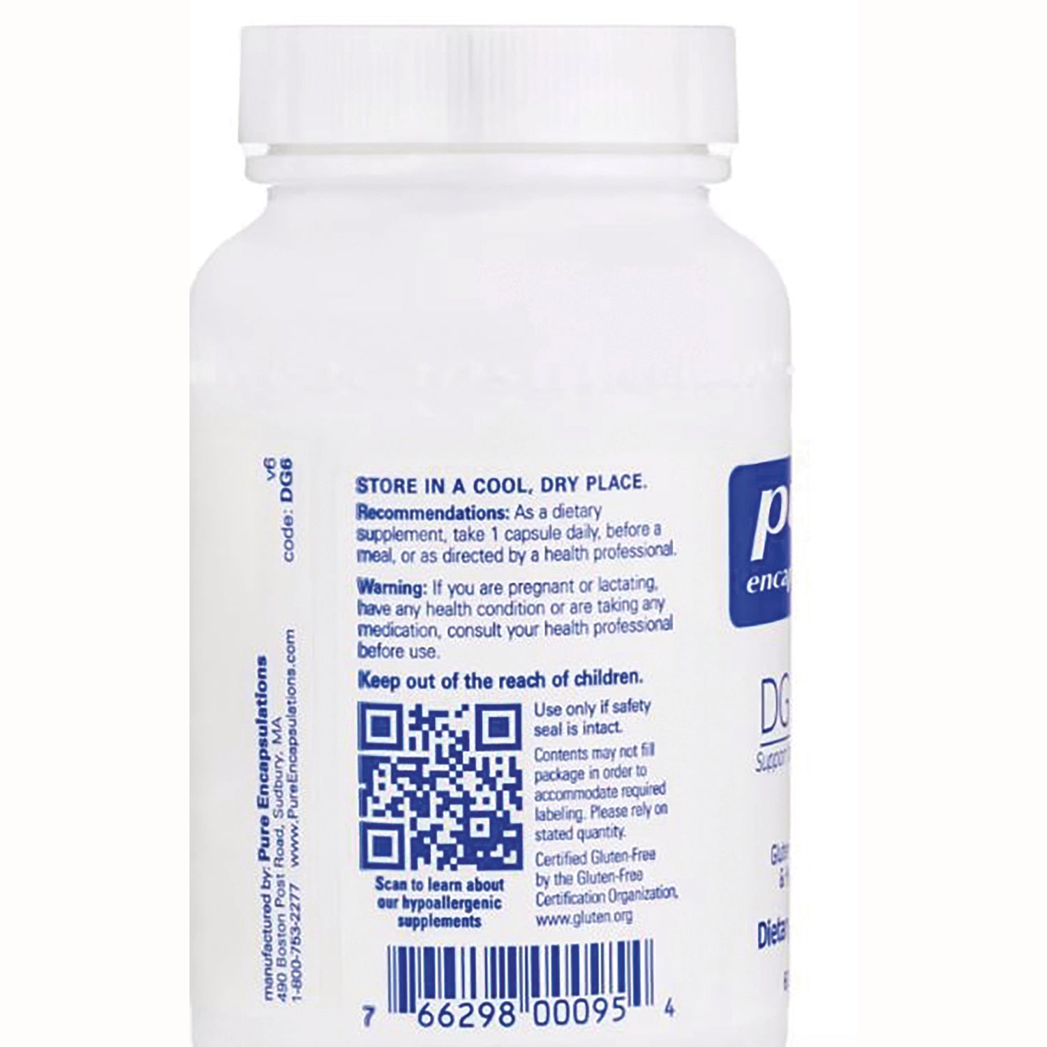 PRN074 | back label of white supplement bottle with storage instructions, QR code and barcode