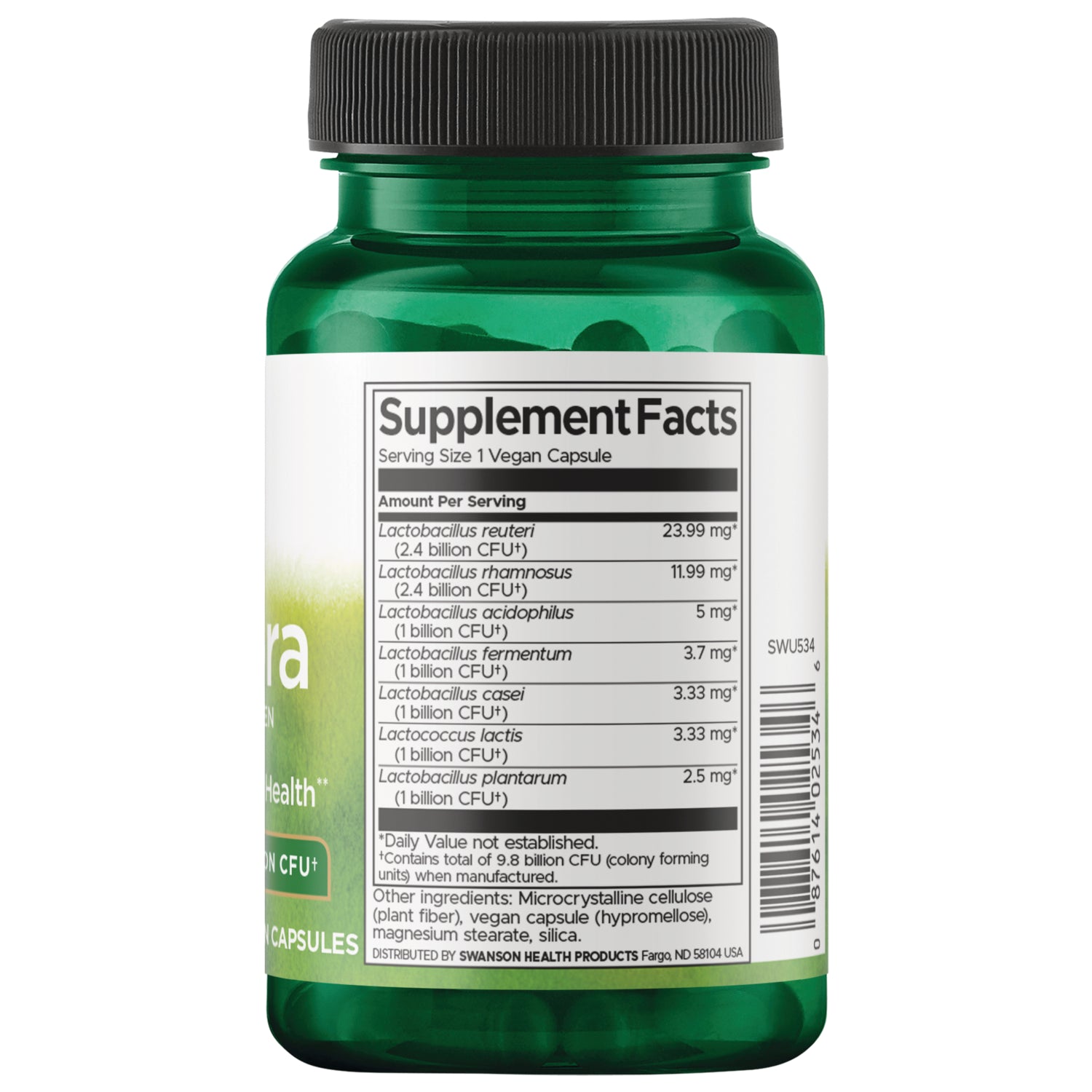 SWU534 | Back of green supplement bottle showing Supplement Facts panel and ingredients