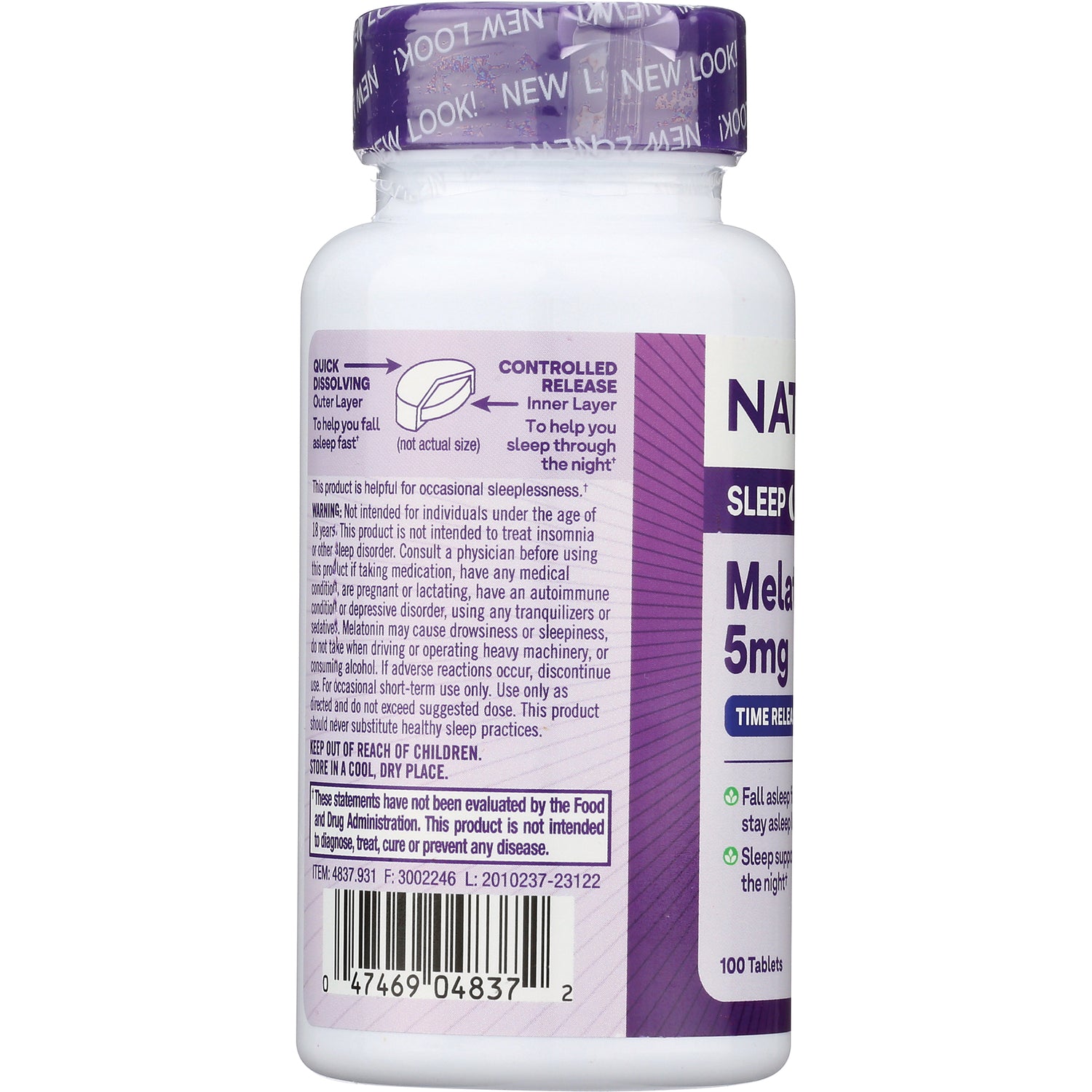 NA410 | Back label of white supplement bottle showing warnings, directions, barcode and purple cap