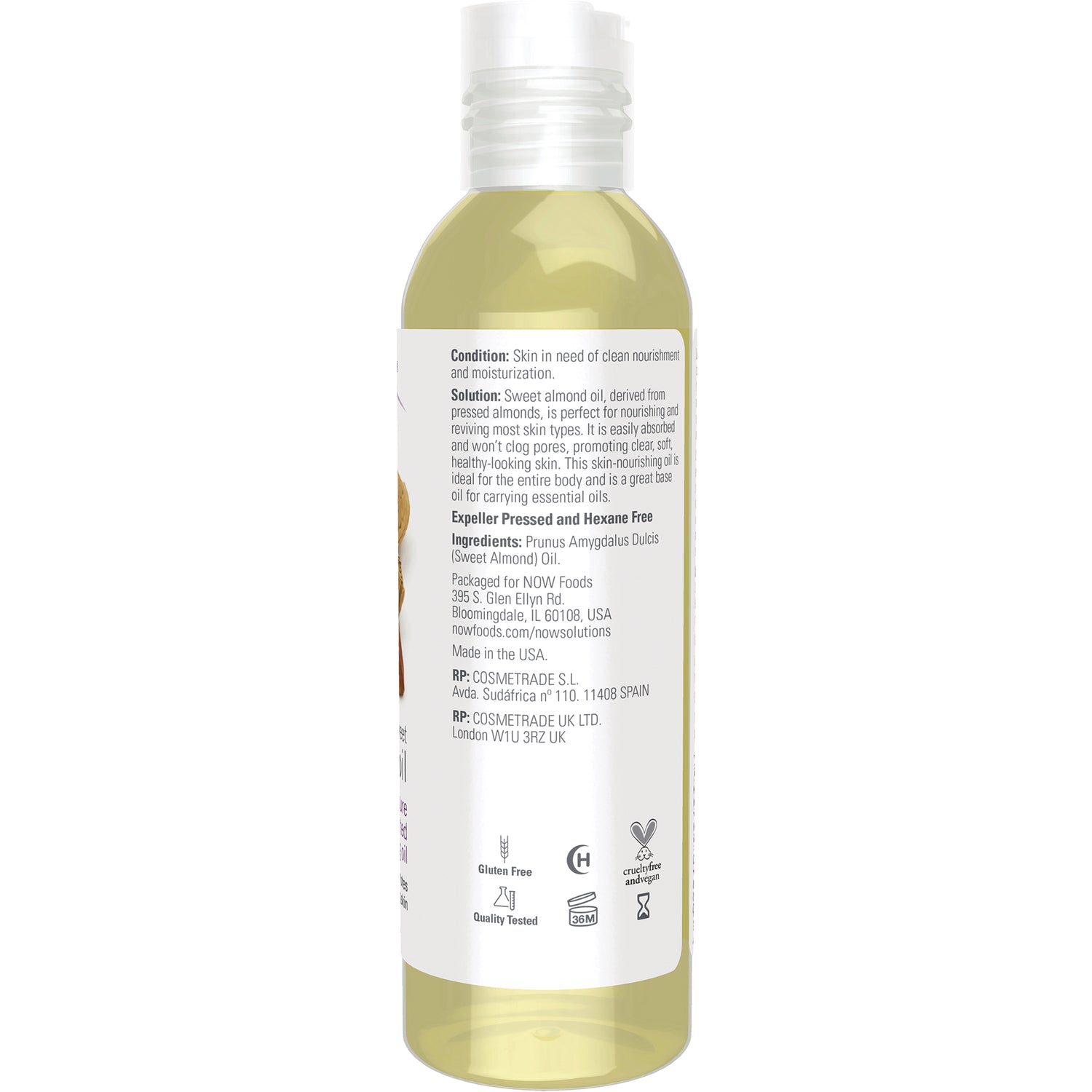 NWF018 | Back label of bottle showing ingredients, product description and certification icons for sweet almond oil