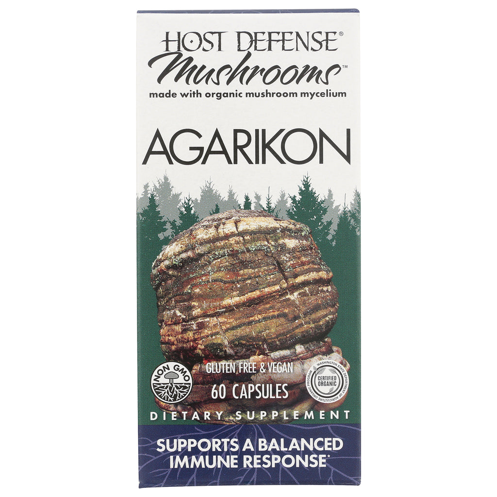 FUN011 | Host Defense Mushrooms AGARIKON box front showing large mushroom image, 60 capsules, gluten free and vegan - Thumbnail
