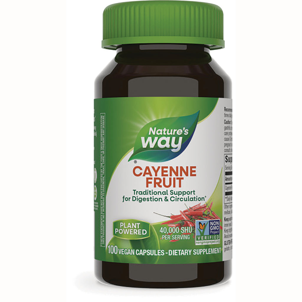 NW121 | Nature's Way Cayenne Fruit supplement bottle with green cap, 100 vegan capsules, plant powered - Thumbnail