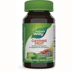 NW121 | Nature's Way Cayenne Fruit supplement bottle with green cap, 100 vegan capsules, plant powered