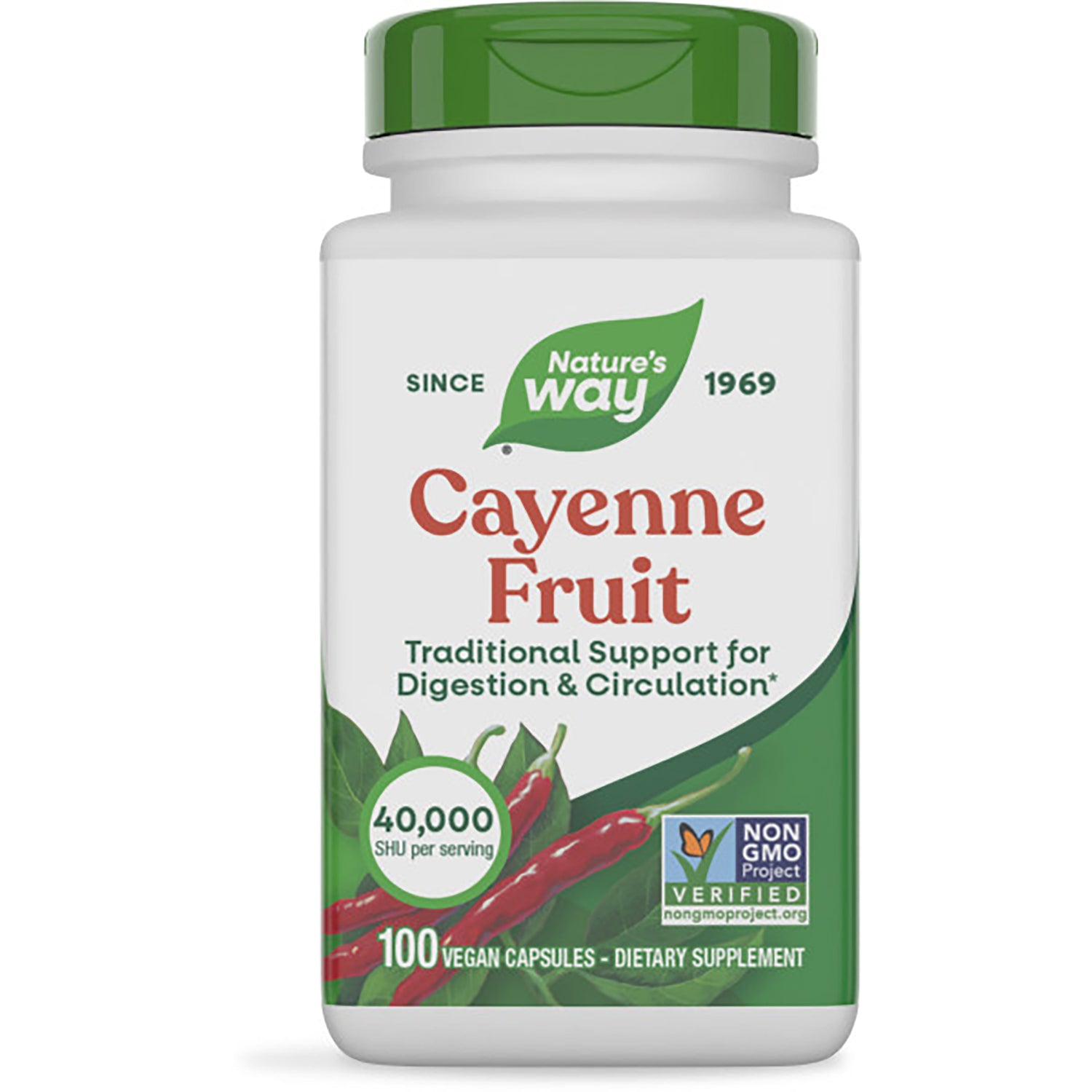 NW121 | Nature's Way Cayenne Fruit supplement bottle with green cap, 100 vegan capsules, plant powered