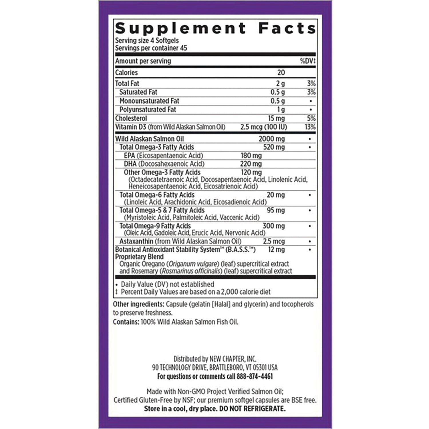 NWC317 | Supplement Facts label showing serving size, omega-3 amounts, vitamin D and other ingredients on back of bottle
