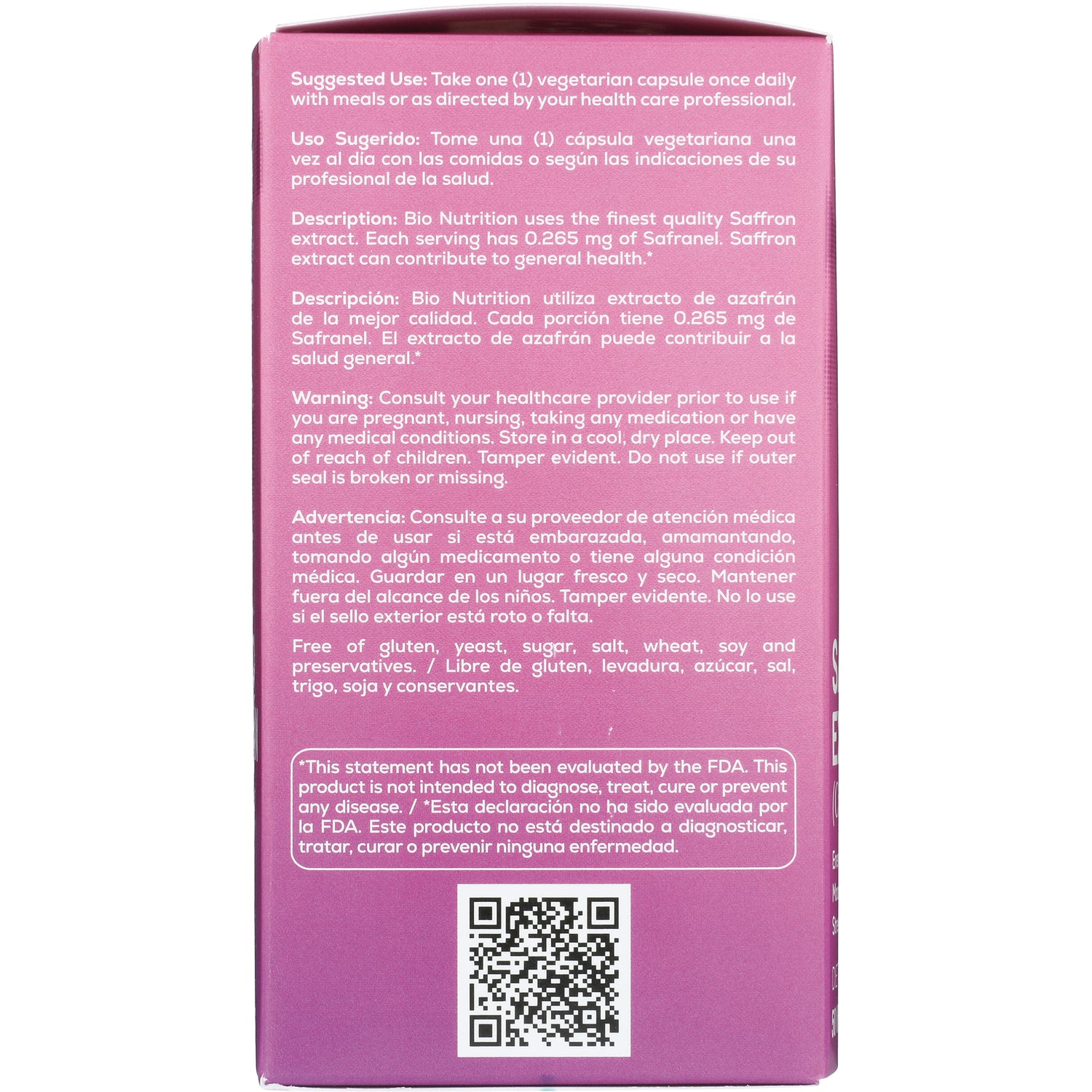 BNN015 | Product back panel with suggested use, warnings, bilingual text and QR code