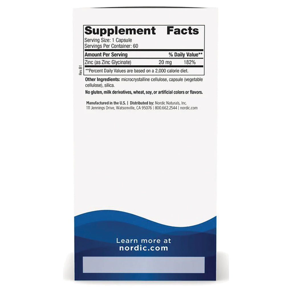 NRN115 | back panel with Supplement Facts listing Zinc 20 mg, other ingredients, and Learn more at nordic.com - Thumbnail