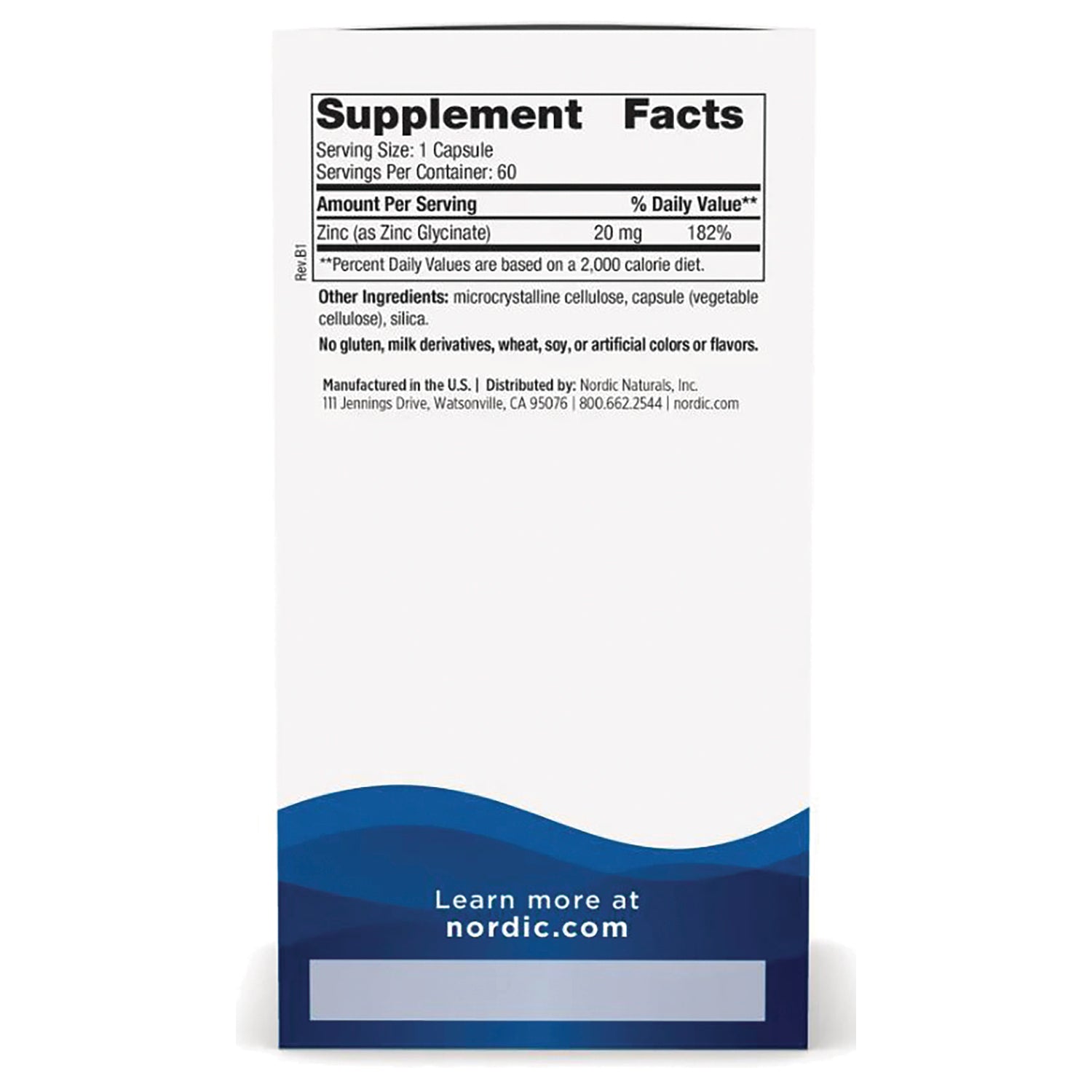 NRN115 | back panel with Supplement Facts listing Zinc 20 mg, other ingredients, and Learn more at nordic.com