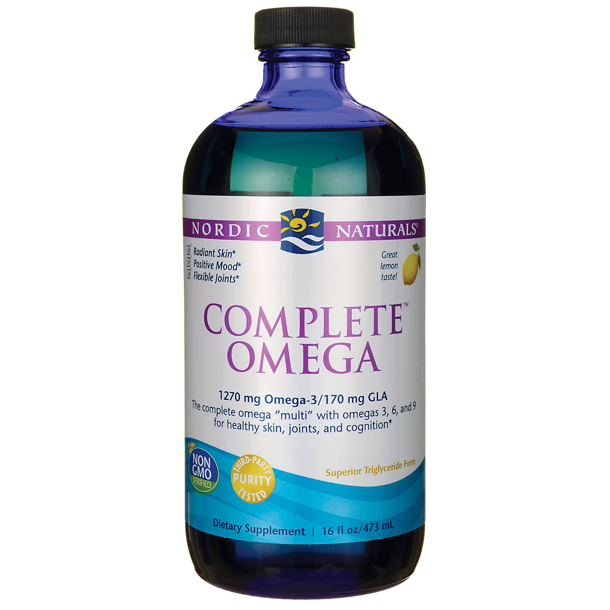 NRN075 | Nordic Naturals Complete Omega liquid supplement bottle, 16 fl oz, lemon flavor label