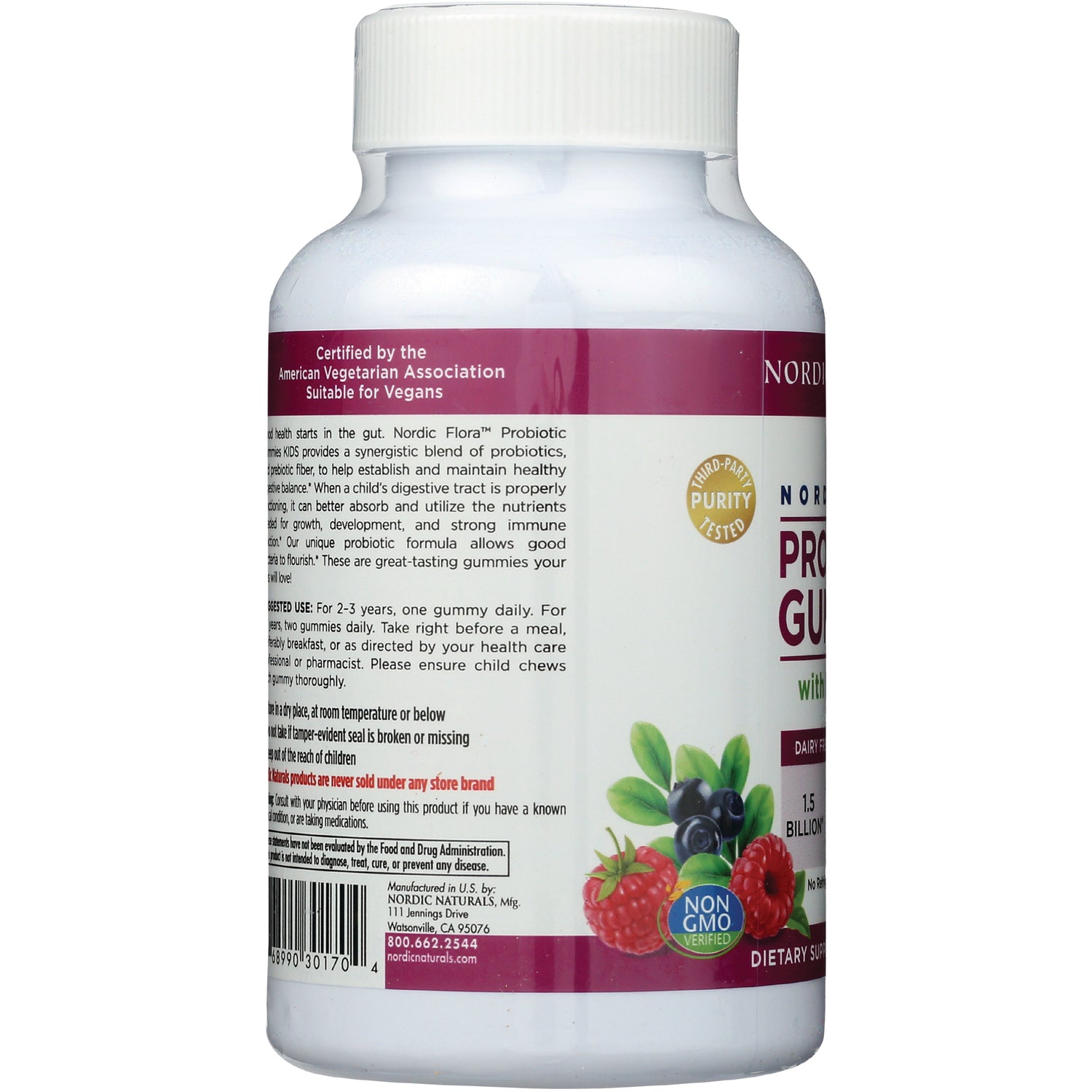 NRN121 | back label of probiotic gummy bottle showing usage text, barcode, Non GMO badge and berry illustration