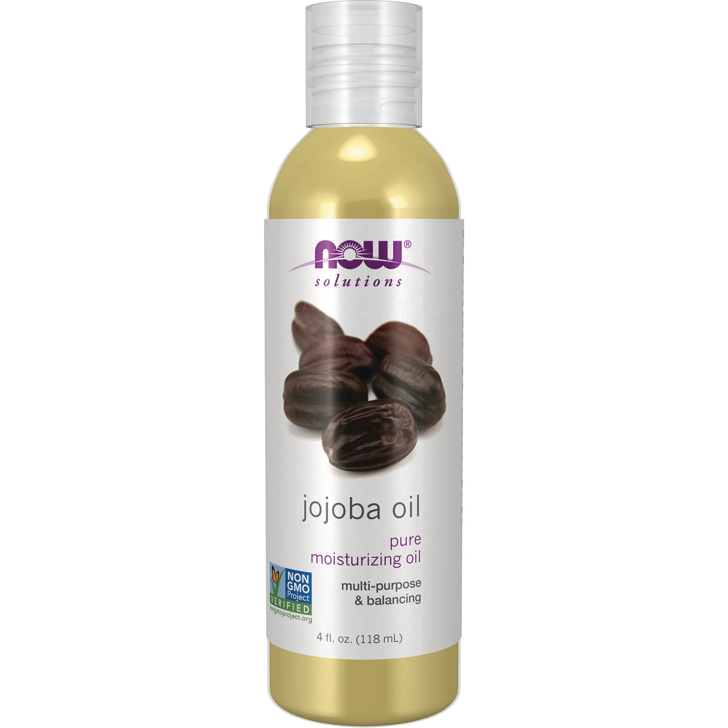 NWF056 | NOW Solutions jojoba oil 4 fl oz bottle, pure moisturizing oil with Non-GMO Project seal