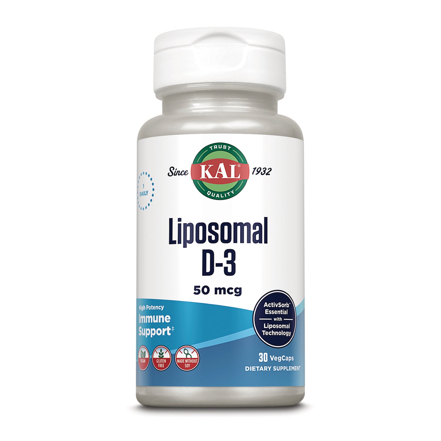 KL584 | KAL Liposomal D-3 50 mcg white supplement bottle front label