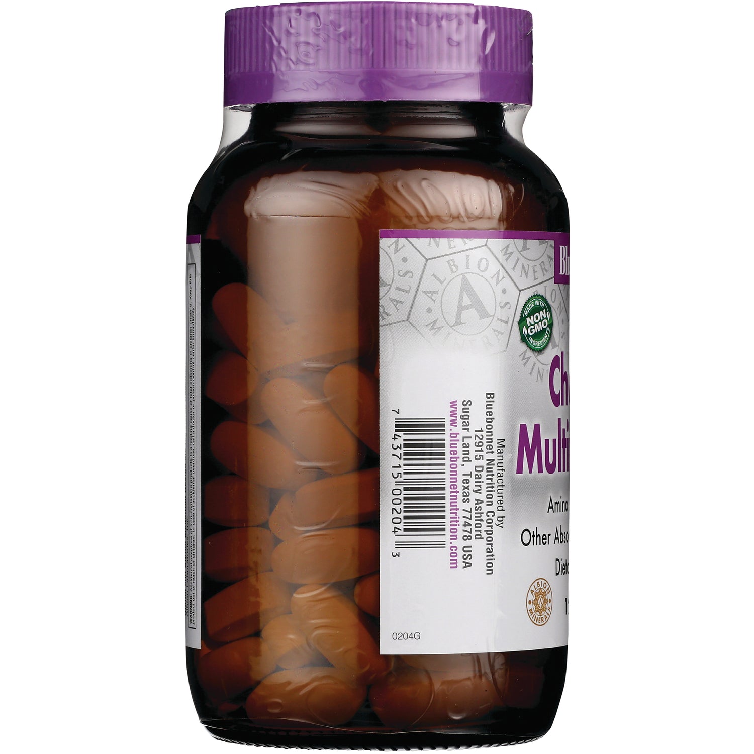 BLU080 | brown tablets visible through clear bottle with product infographic label and barcode