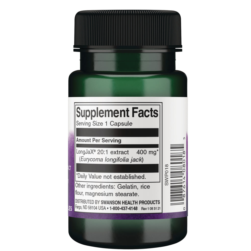 SWP018 | Back label with Supplement Facts: Serving Size 1 Capsule; LongJaX 20:1 extract 400 mg; ingredients list - Thumbnail
