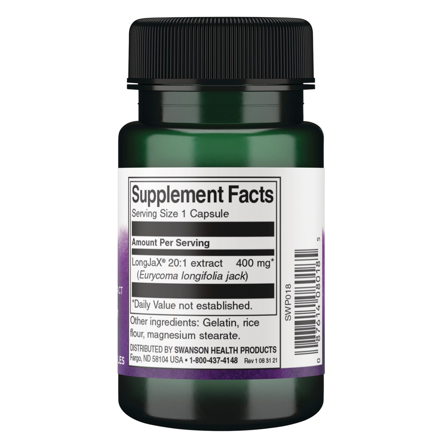 SWP018 | Back label with Supplement Facts: Serving Size 1 Capsule; LongJaX 20:1 extract 400 mg; ingredients list