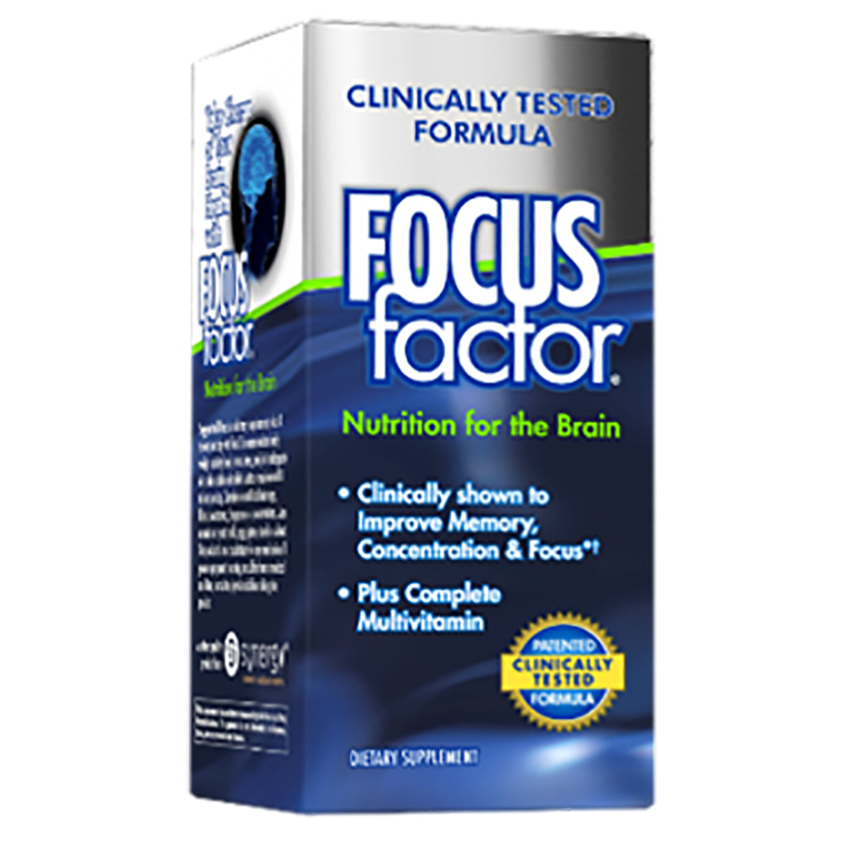 FCL003 | Focus Factor supplement box front with product name, Nutrition for the Brain tagline and clinical claims