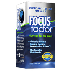 FCL003 | Focus Factor supplement box front with product name, Nutrition for the Brain tagline and clinical claims
