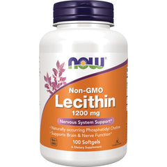 NWF1176 | NOW Lecithin 1200 mg white bottle with orange label, 100 softgels, Nervous System Support