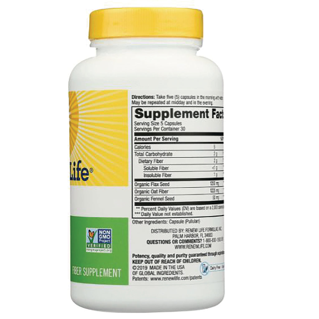 RNL244 | back of white supplement bottle showing Supplement Facts panel, yellow cap, Non-GMO verified label, fiber supplement - Thumbnail