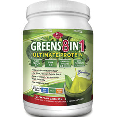OL033 | Olympian Labs GREENS 8IN1 Ultimate Protein container, blueberry flavor, front label showing nutrition highlights