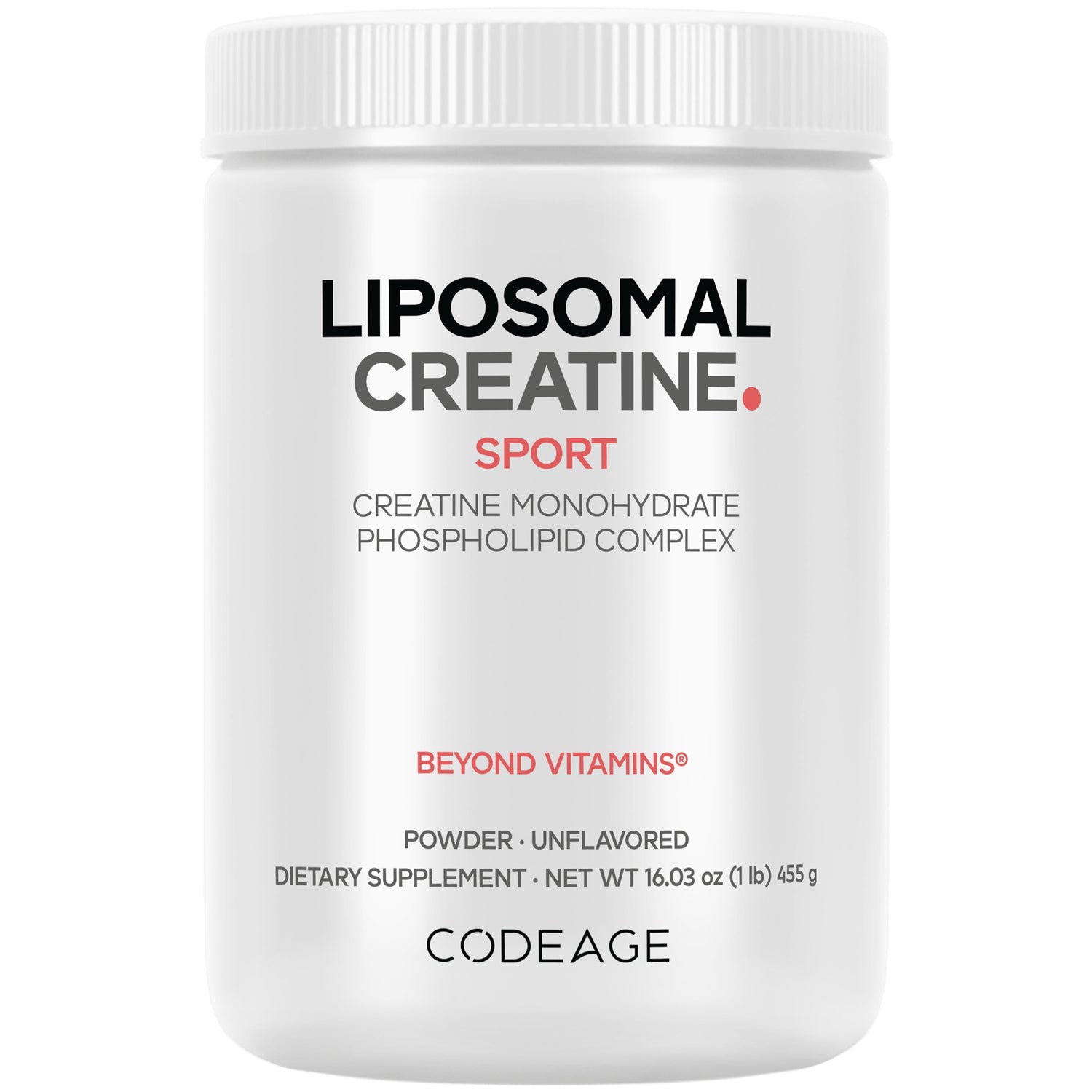 Liposomal Creatine Sport powder container labeled BEYOND VITAMINS unflavored 16.03 oz