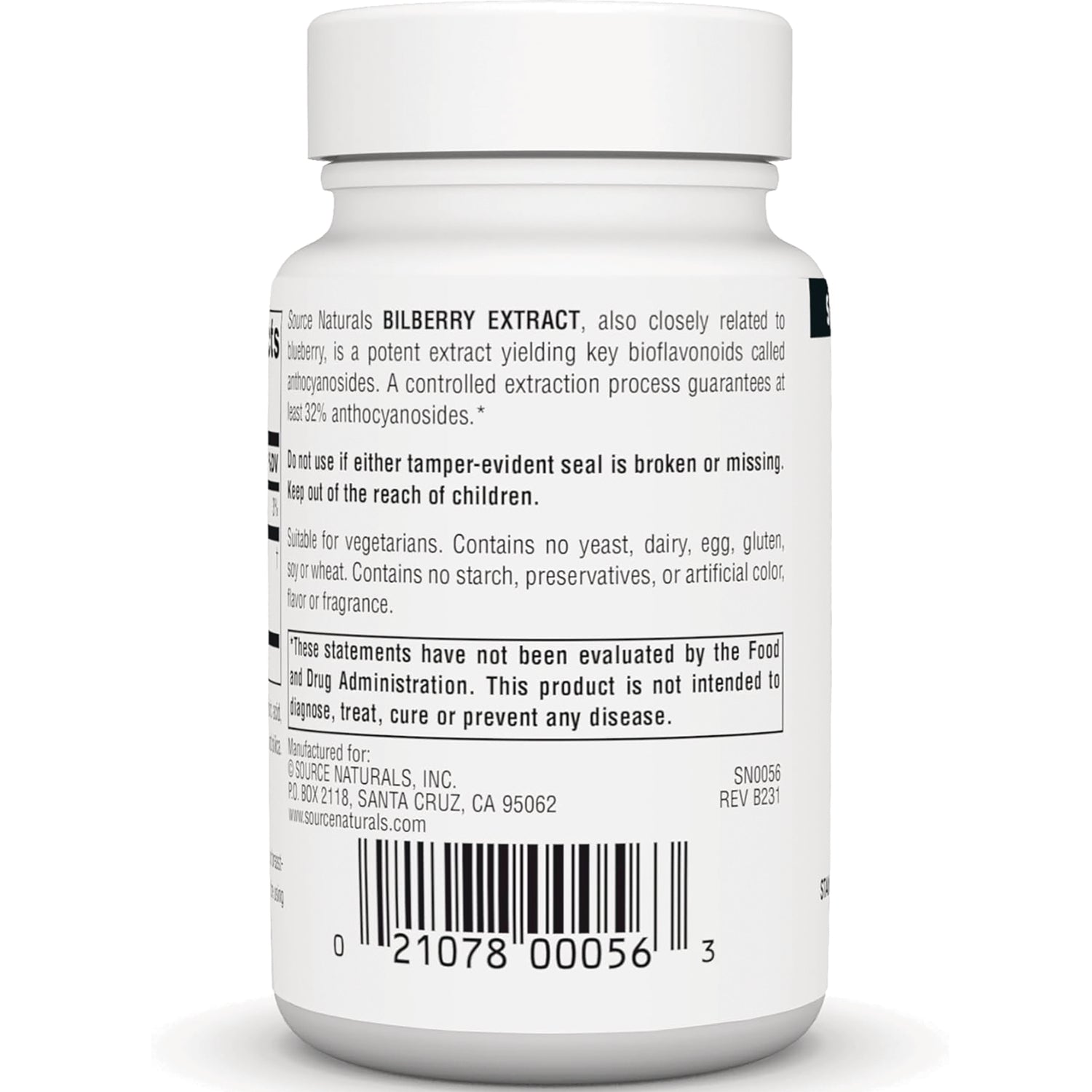 SN712 | Back label of Source Naturals Bilberry Extract supplement bottle with directions, warnings and barcode