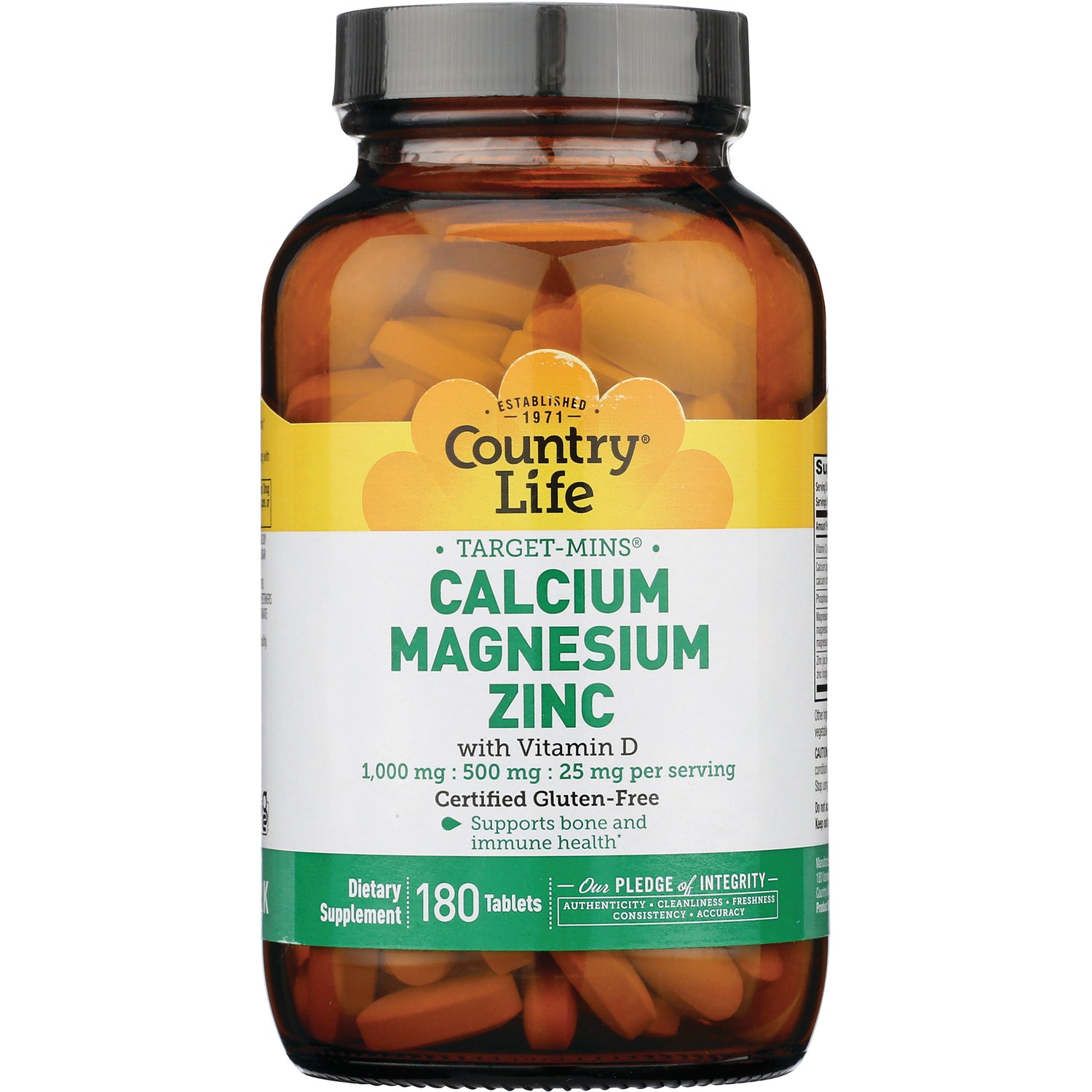 CRL020 | Country Life Target-Mins Calcium Magnesium Zinc with Vitamin D dietary supplement 180 tablets amber bottle