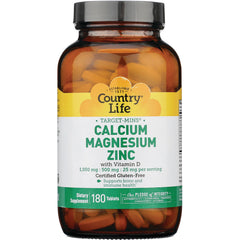 CRL020 | Country Life Target-Mins Calcium Magnesium Zinc with Vitamin D dietary supplement 180 tablets amber bottle