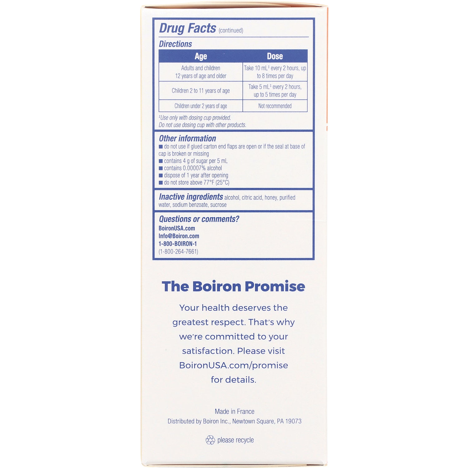 BRN084 | Back of product box showing Drug Facts, directions, inactive ingredients, and The Boiron Promise text