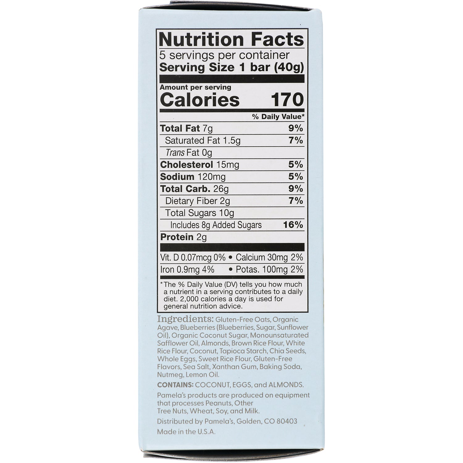 PAM014 | Back of light blue box showing Nutrition Facts panel with Calories 170 and ingredients list