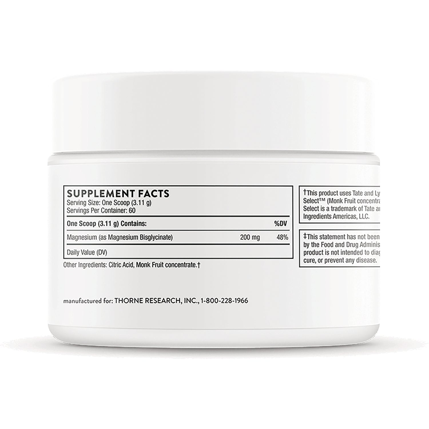 TRN023 | Back label with Supplement Facts: One Scoop 3.11 g, 60 servings, Magnesium 200 mg (48% DV)