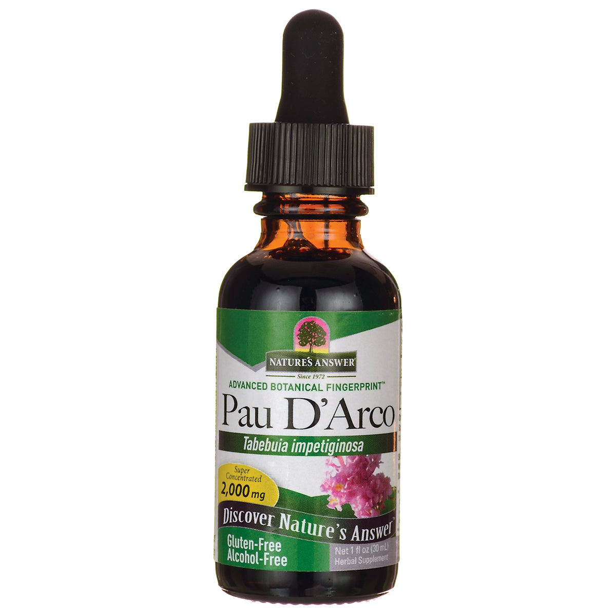 NAT076 | Pau D'Arco herbal tincture bottle with dropper, 2,000 mg label, gluten-free alcohol-free