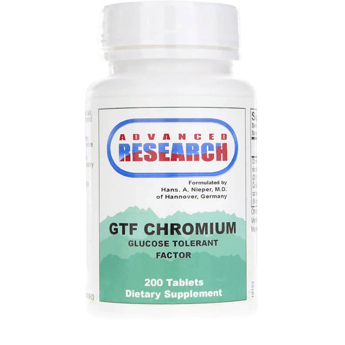 ADR019 | Advanced Research GTF Chromium Glucose Tolerant Factor, 200 tablets dietary supplement bottle