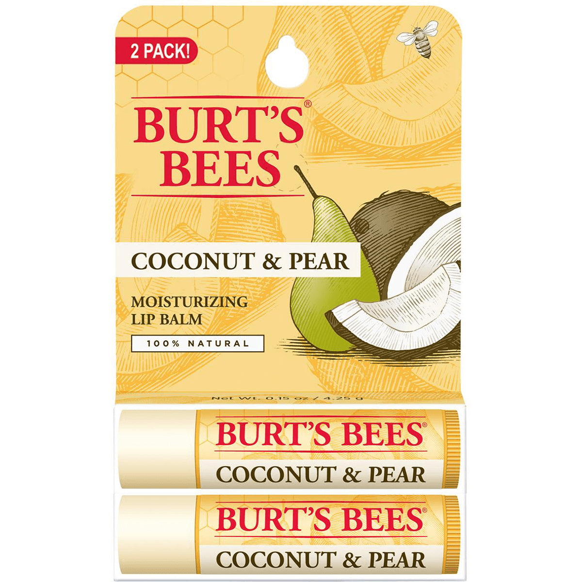 BTB320 | BURT'S BEES Coconut & Pear moisturizing lip balm 2-pack showing packaging and two tubes