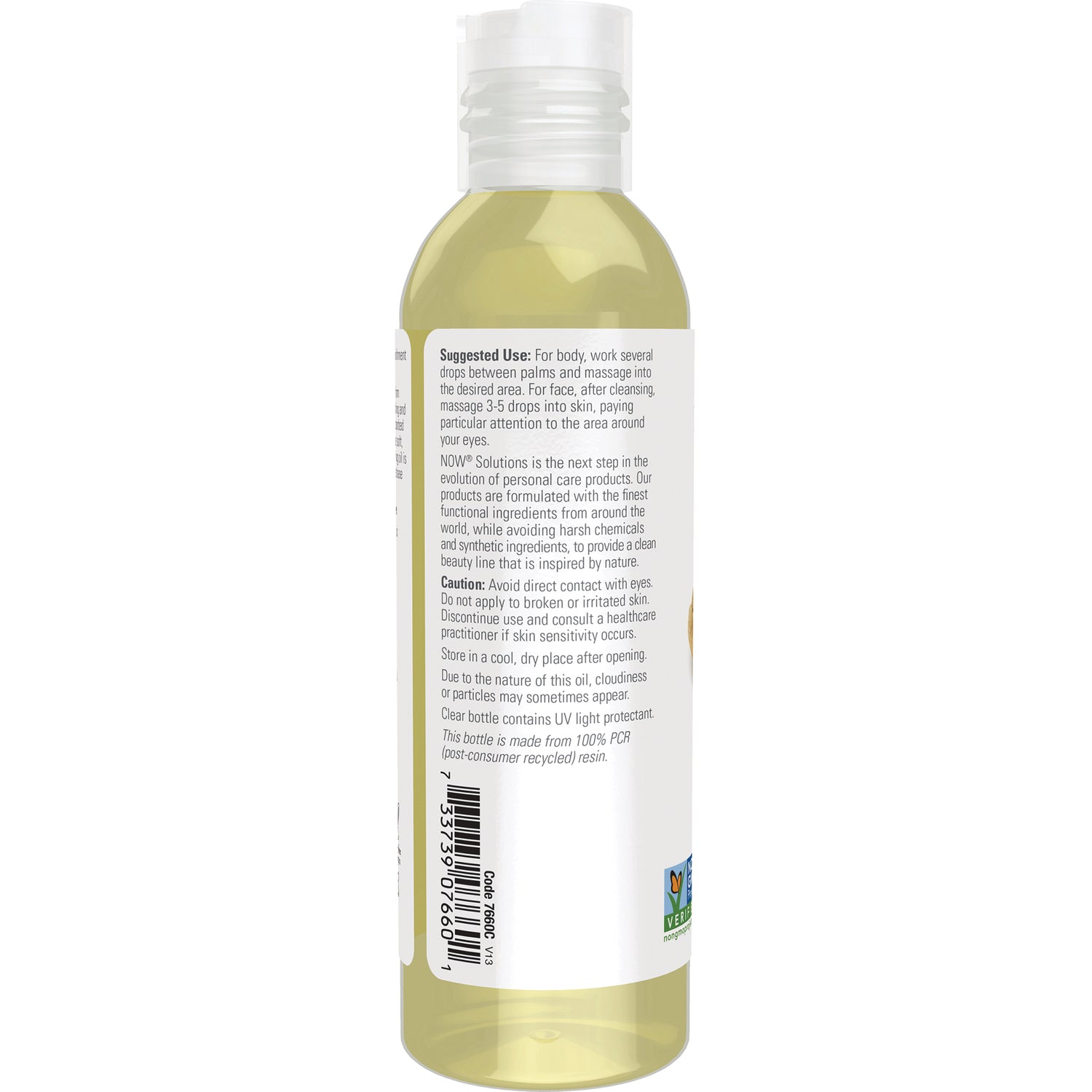 NWF018 | back label showing suggested use, cautions and barcode on a clear bottle