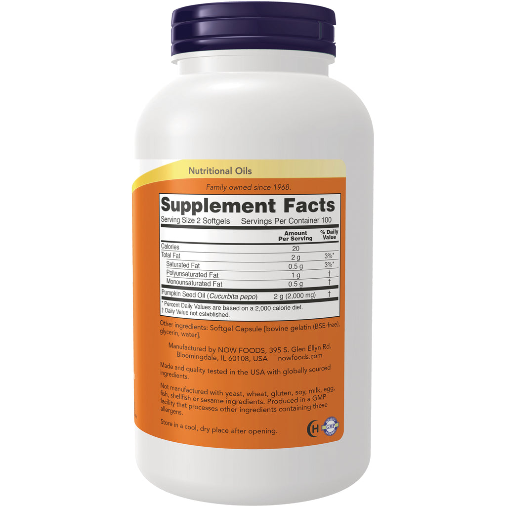NWF1375 | Back of white supplement bottle showing Supplement Facts panel, pumpkin seed oil facts and ingredient text - Thumbnail