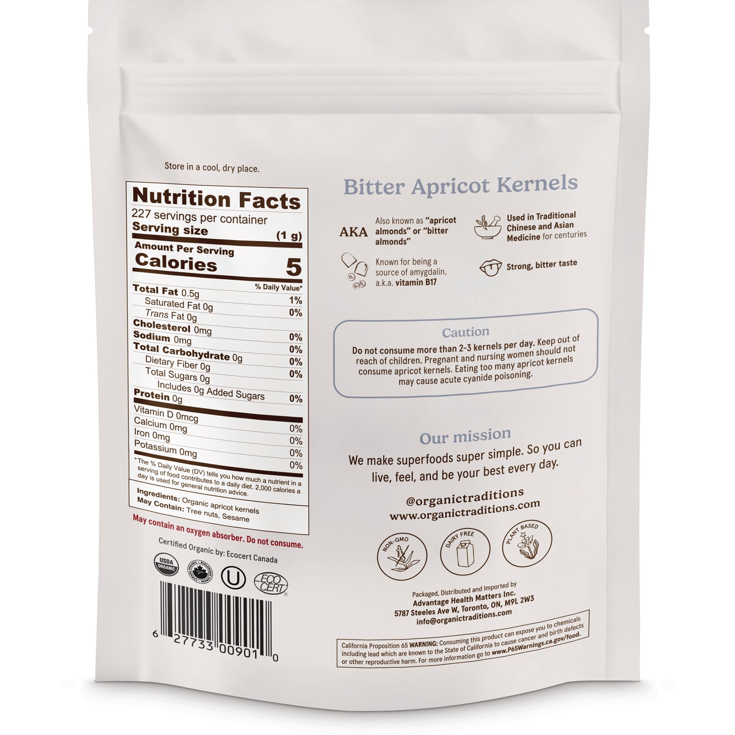 OTR066 | Back of white resealable pouch for Bitter Apricot Kernels showing nutrition facts, caution and brand mission