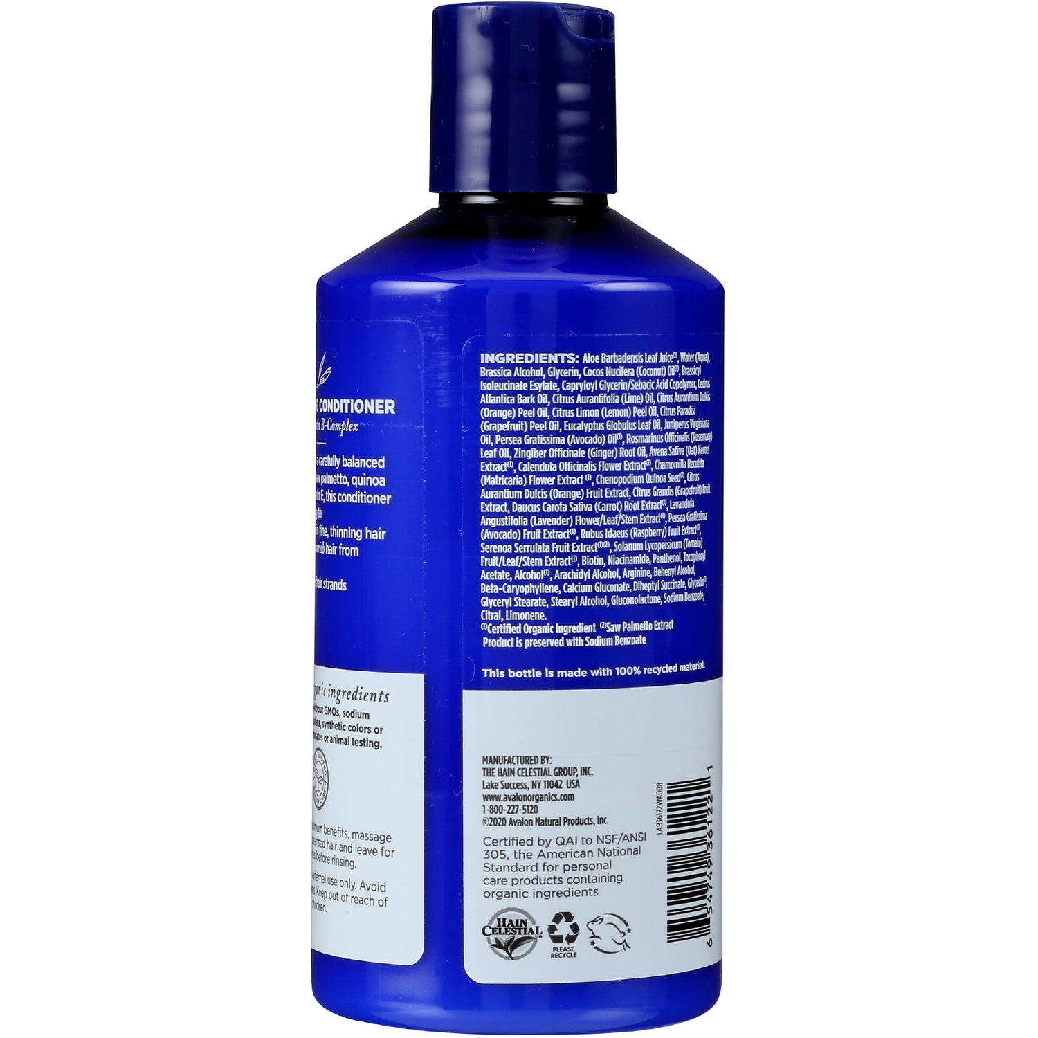 AVL015 | Back of blue conditioner bottle showing ingredient list, manufacturer details and barcode