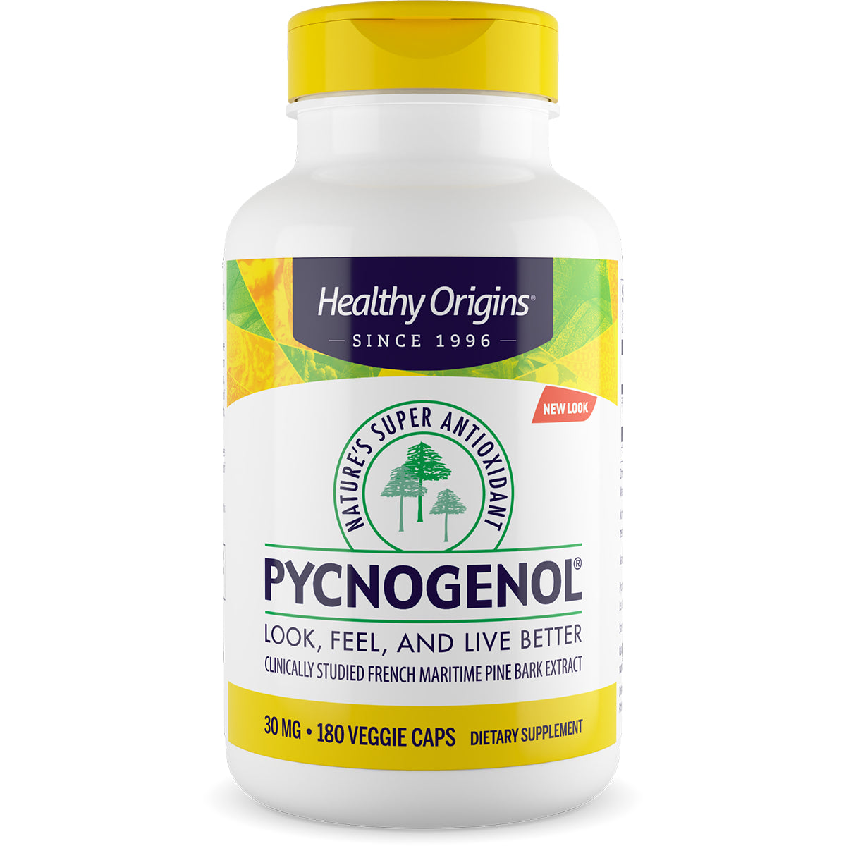 HRG061 | Healthy Origins Pycnogenol bottle, 30 mg, 180 veggie caps dietary supplement, front view