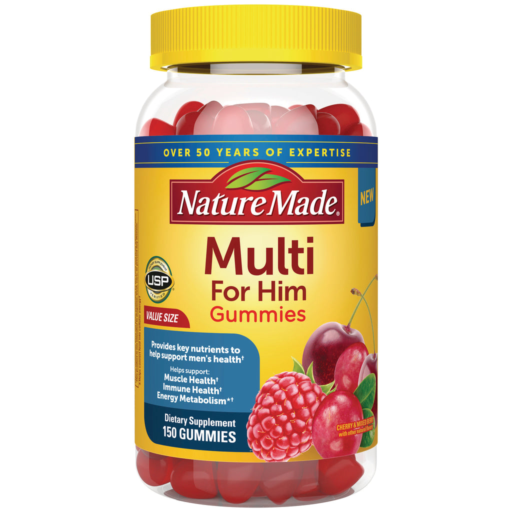 NTM197 | Nature Made Multi For Him Gummies bottle with yellow label, cherries and raspberries, 150 gummies - Thumbnail