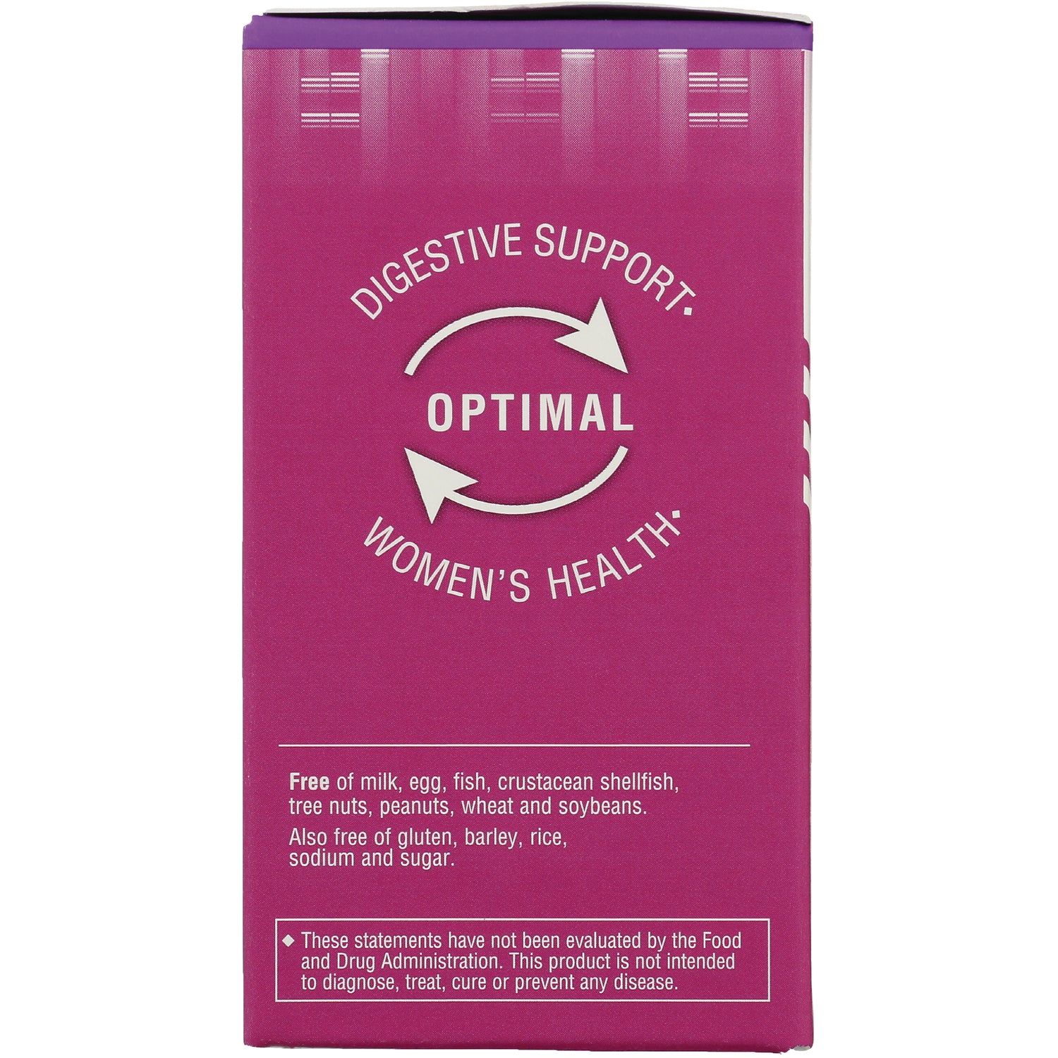 BLU149 | magenta box side labeled OPTIMAL with circular arrows, reads Digestive support, Women's health, and allergen-free statements