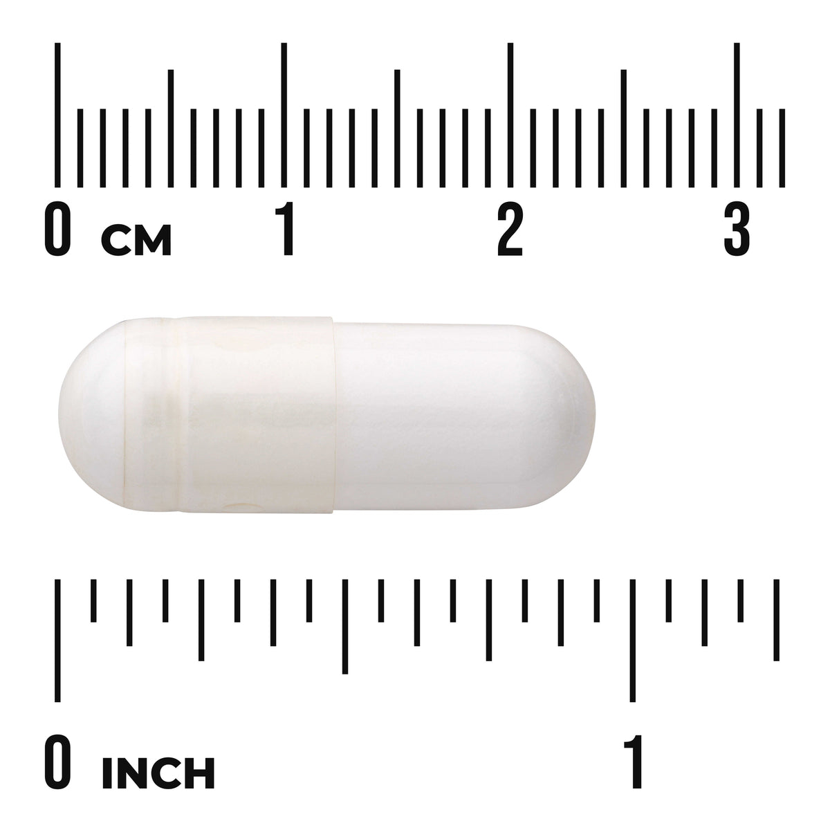 SW269 | White capsule with size shown against centimeter and inch rulers