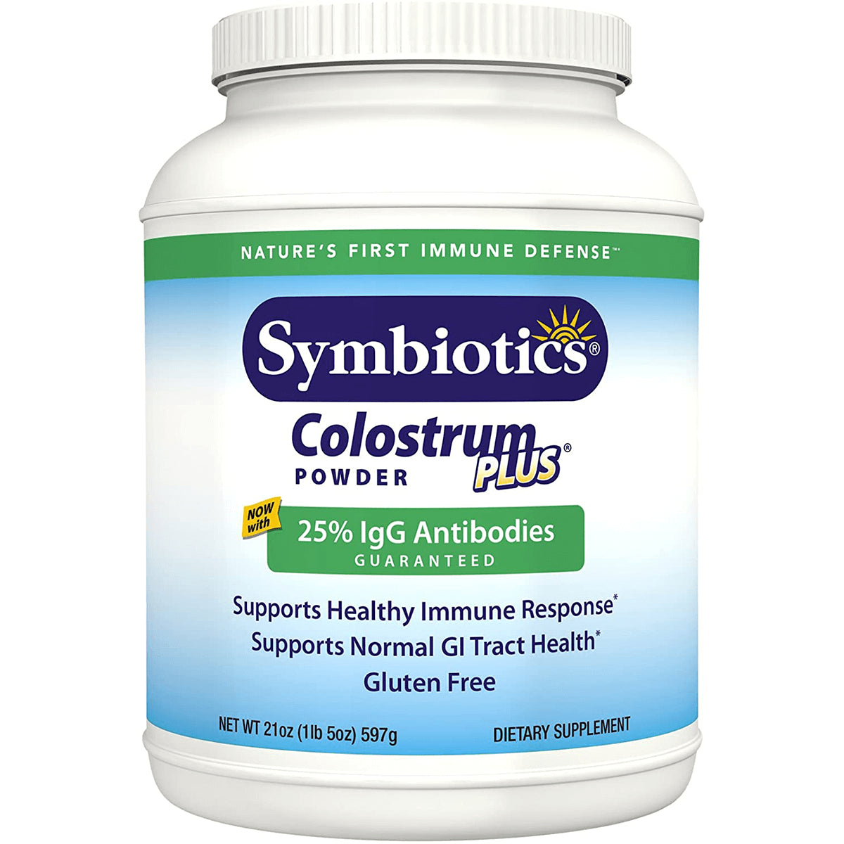 SY019 | Symbiotics Colostrum Plus powder, 25% IgG Antibodies, gluten free, 21 oz (597 g) bottle front