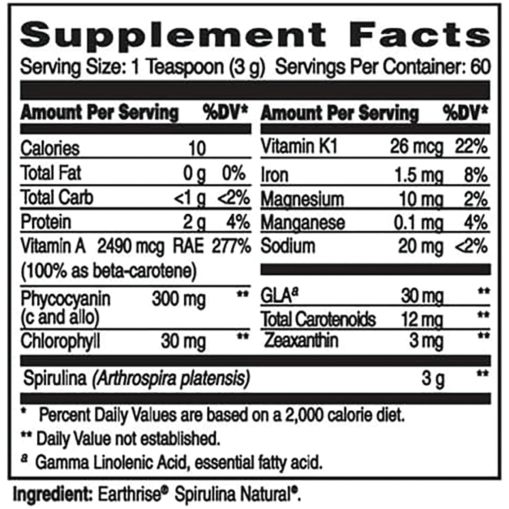 ER047 | Supplement Facts label showing serving size 1 Teaspoon (3 g) and nutrient amounts for spirulina including Vitamin A, iron, phycocyanin, chlorophyll - Thumbnail