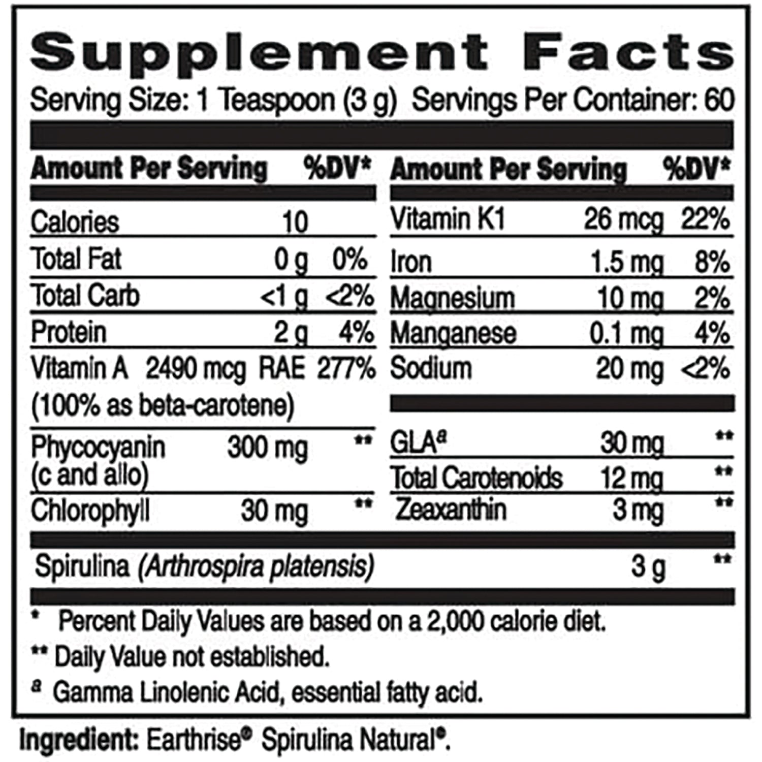ER047 | Supplement Facts label showing serving size 1 Teaspoon (3 g) and nutrient amounts for spirulina including Vitamin A, iron, phycocyanin, chlorophyll