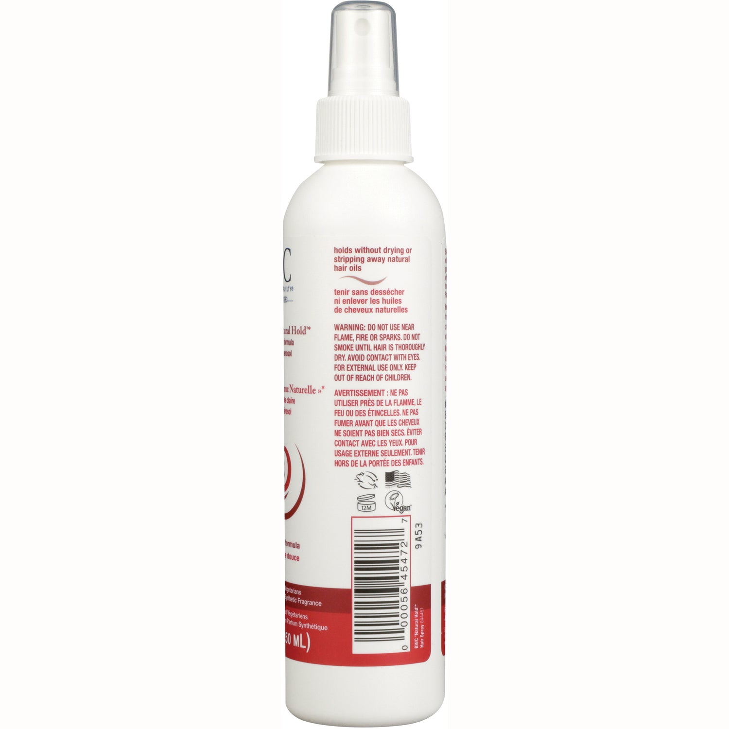 BWC076 | back label of white spray bottle showing barcode, warning text, icons and spray cap