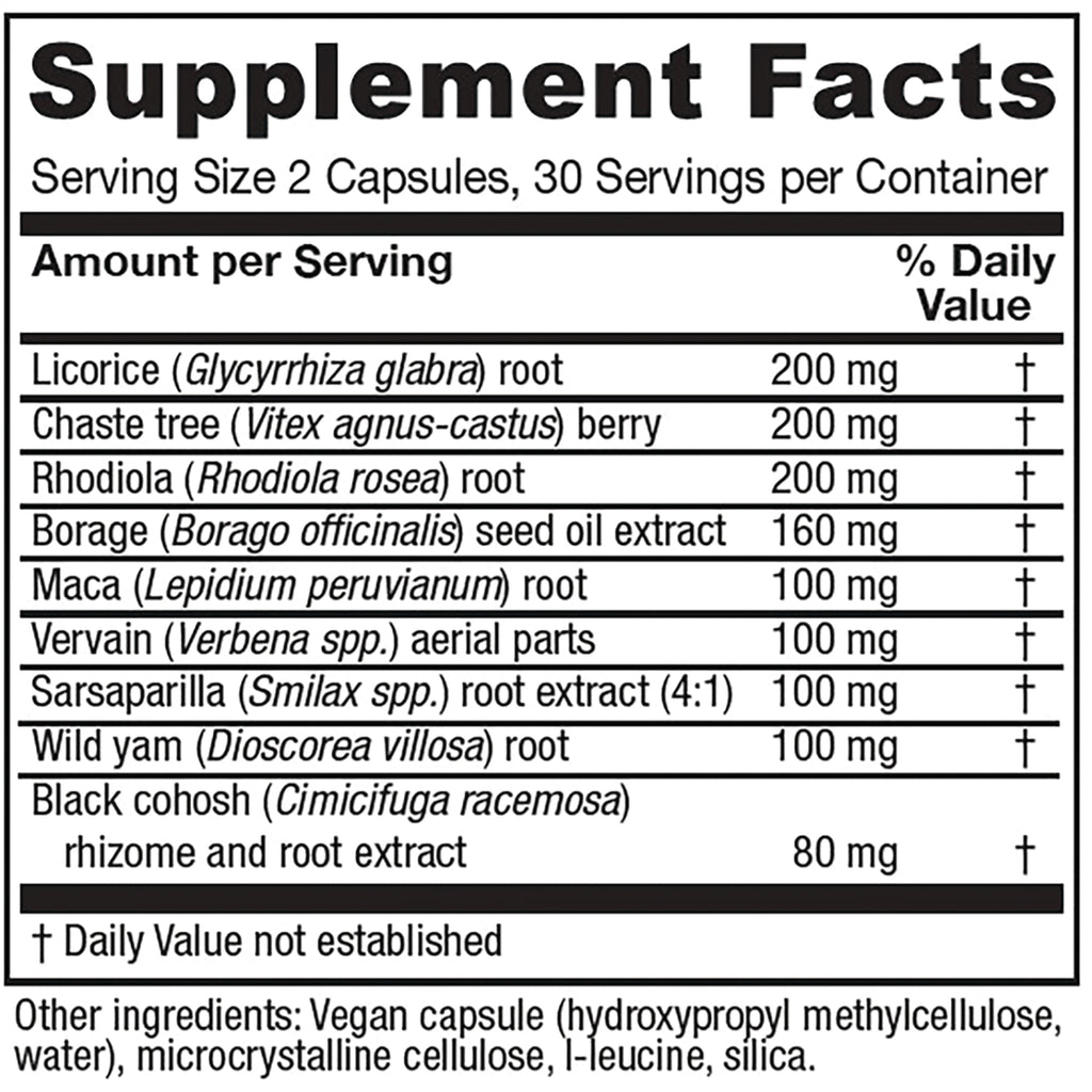 VNA016 | Supplement Facts; Serving Size 2 Capsules; ingredients include licorice, chaste tree, rhodiola, borage - Thumbnail