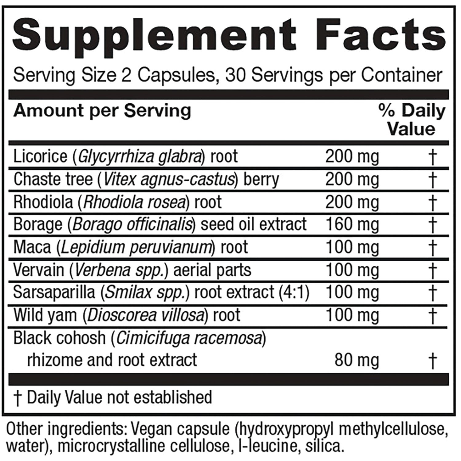 VNA016 | Supplement Facts; Serving Size 2 Capsules; ingredients include licorice, chaste tree, rhodiola, borage