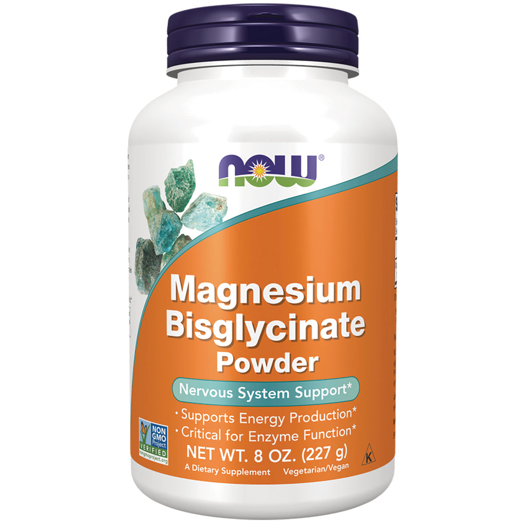 NWF1373 | NOW Magnesium Bisglycinate Powder bottle front showing orange label, Nervous System Support and NET WT 8 OZ - Thumbnail